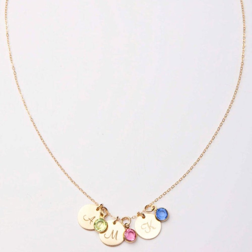 Mothers Day Gift-Initial Charm Birthstone Necklace-Custom Engraved Childrens Kid